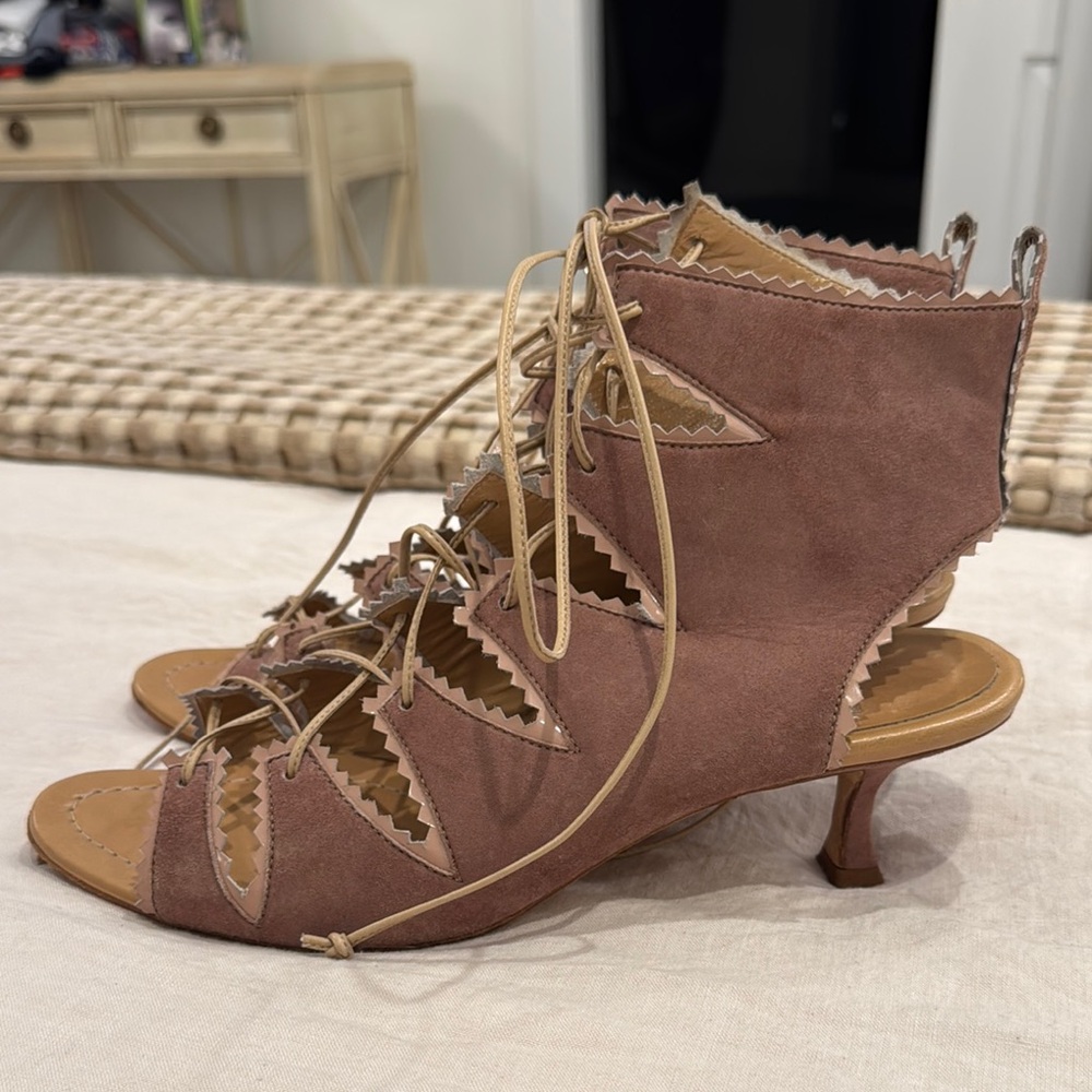 Manolo Blahnik Brown Open-Toe Heels with Lace-Up Design